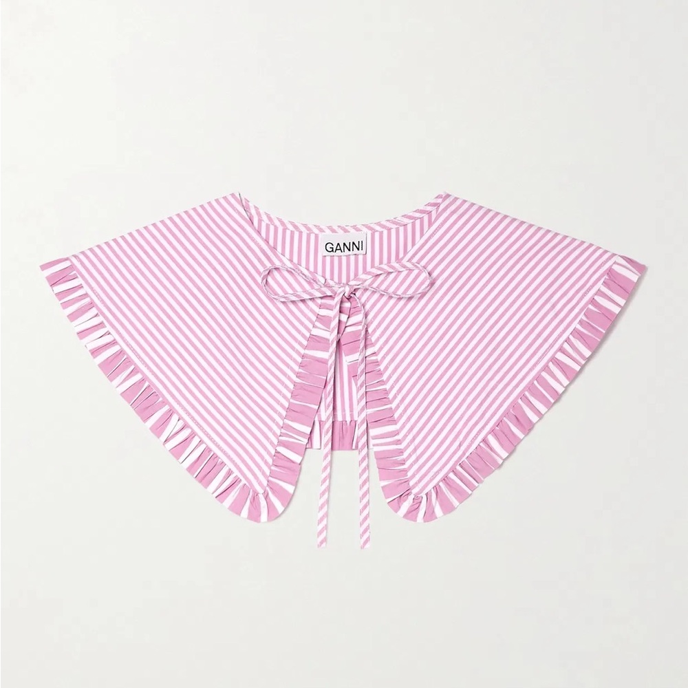 Ganni Pink and White Striped Detachable Collar With Ruffle and Bow